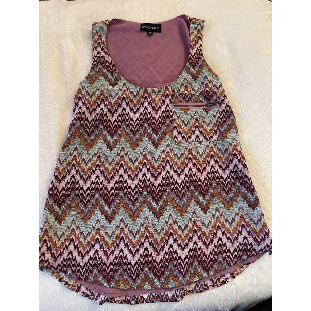 My Michelle Womens Chevron Zigzag Tank Top Purple Multicolor Side Zips XS